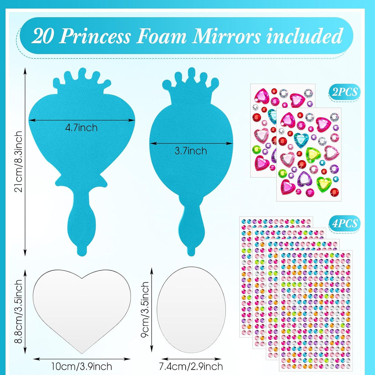 Geetery unbreakable kids mirror craft kit, 20 heart and oval foam princess mirrors in pink, blue and - view 9