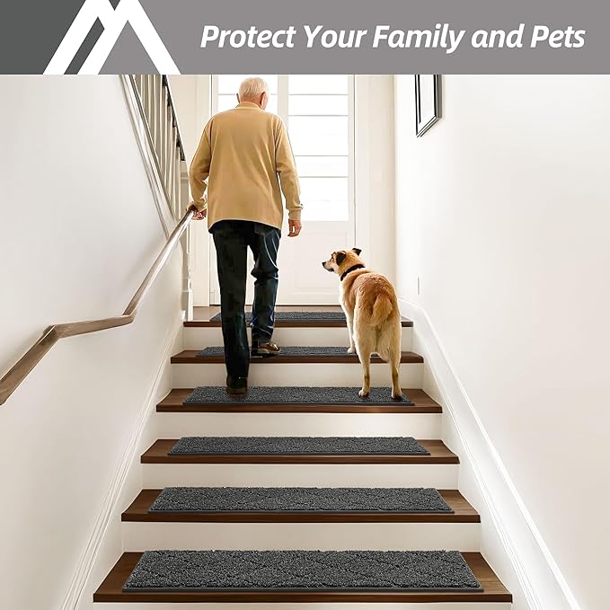 COSY HOMEER Edging Stair Treads Non-Slip Carpet Mat 28inX9in Indoor Stair Runners for Wooden Steps, Edging Stair Rugs for Kids and Dogs, 100% Polyester TPE Backing (7pc, Black,)