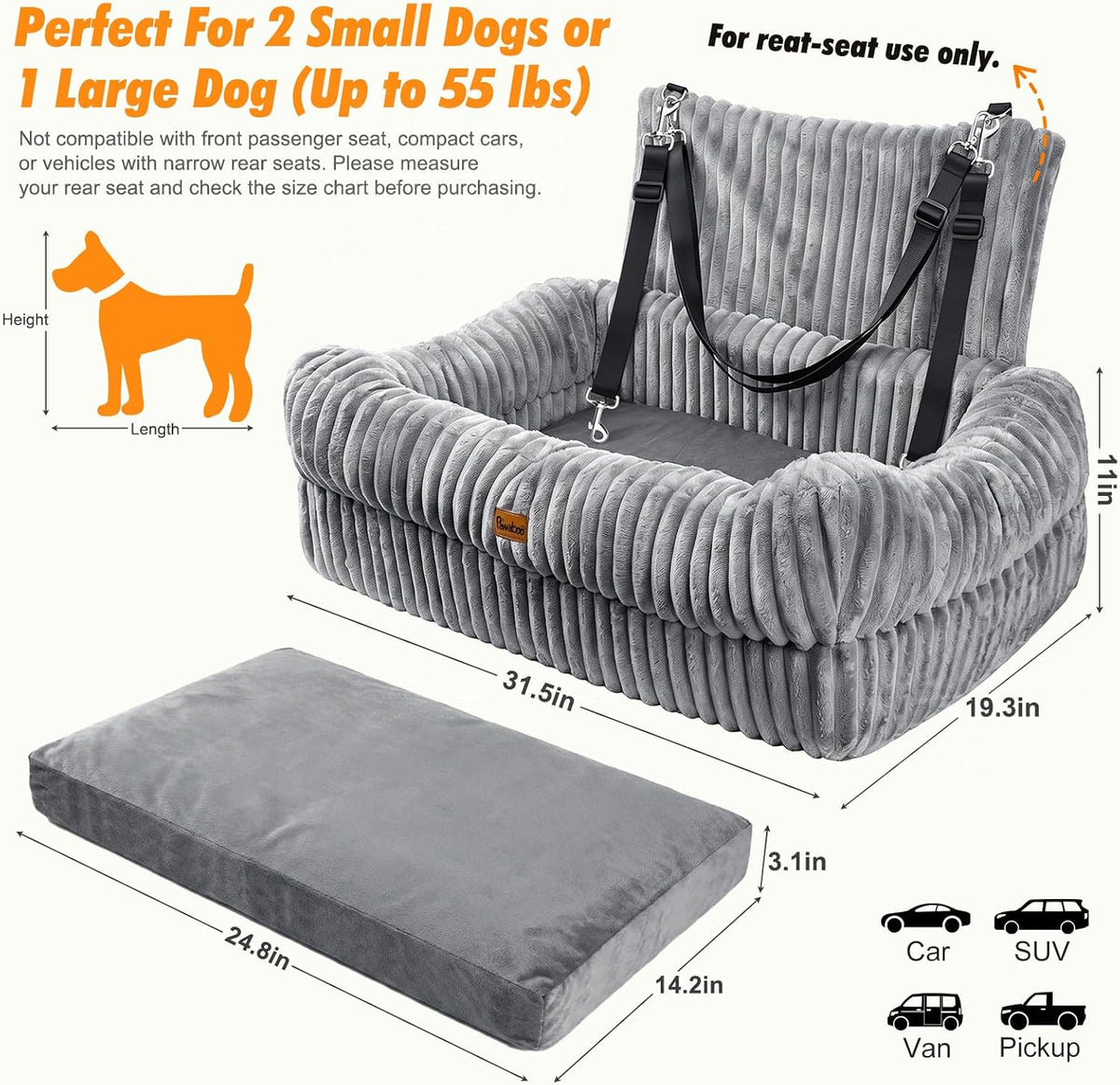 Pawaboo Dog Car Seat Bed, Memory Foam Booster for Medium/Large Dogs, Beige – Essentials for Dogs - Gray - image 2