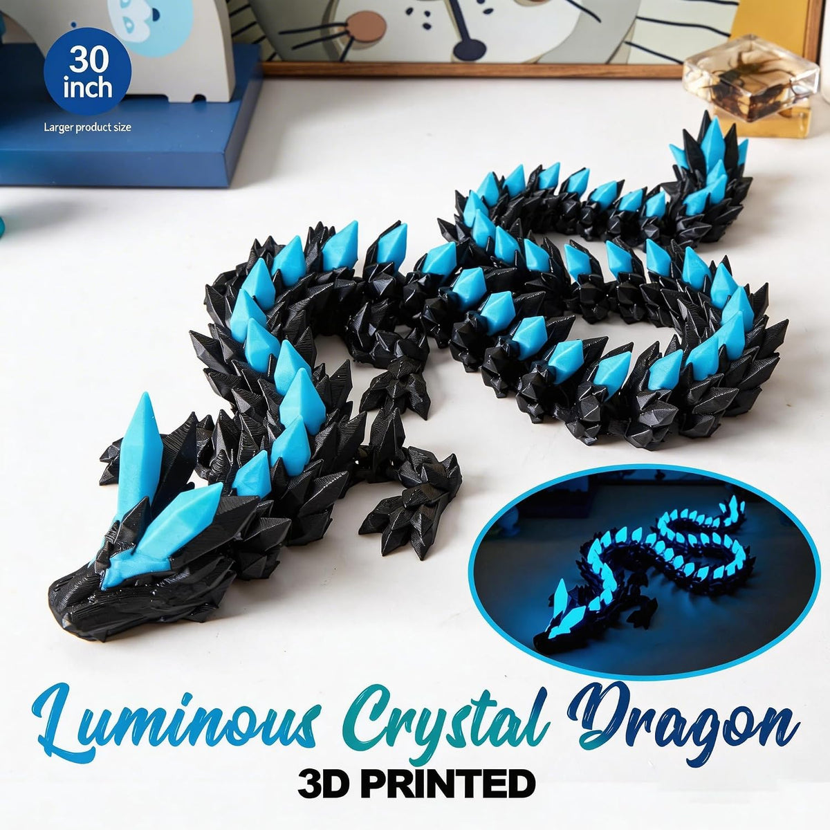24" Large 3D Printed Dragon - Luminous Blue / 30 inch - image 4