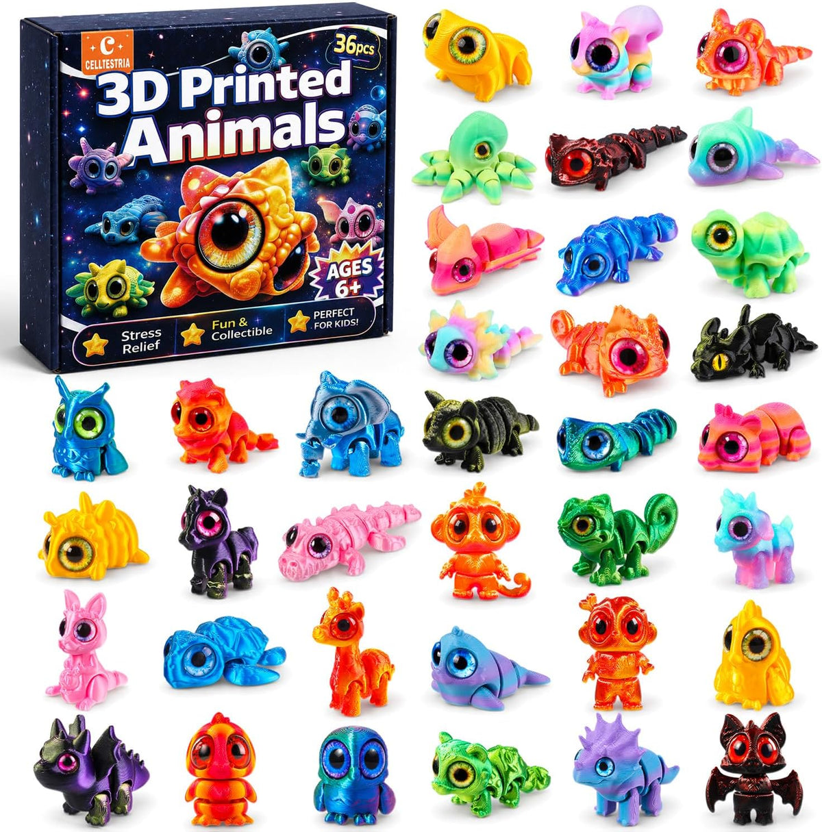 Celltestria 18PCS 3D Printed Skeleton Fidget Toys with Coffin Storage - Kawaii