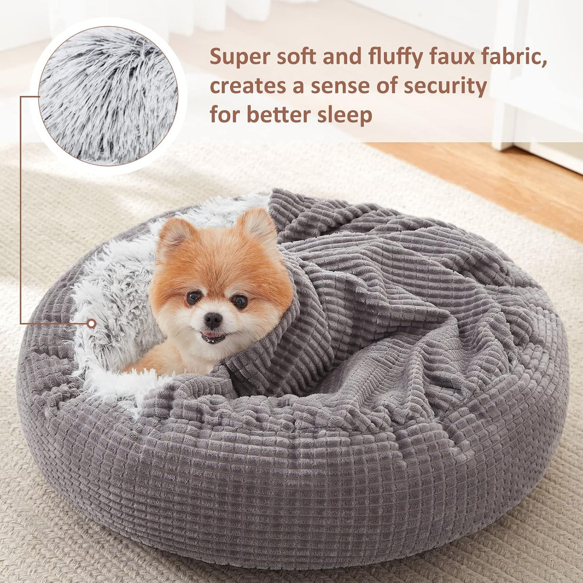 MIXJOY Small Dog Bed Cat Bed with Blanket Attached Donut Washable - Grey / 26.0"L x 26.0"W x 8.0"Th - image 3