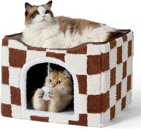 Lesure Indoor Cat Beds Kitten House - Large Cat Cave for Pet Cube with Fluffy Ball Hanging, Foldable Small Animal Hideaway, 16.5x16.5x13 inches, Brown Checks
