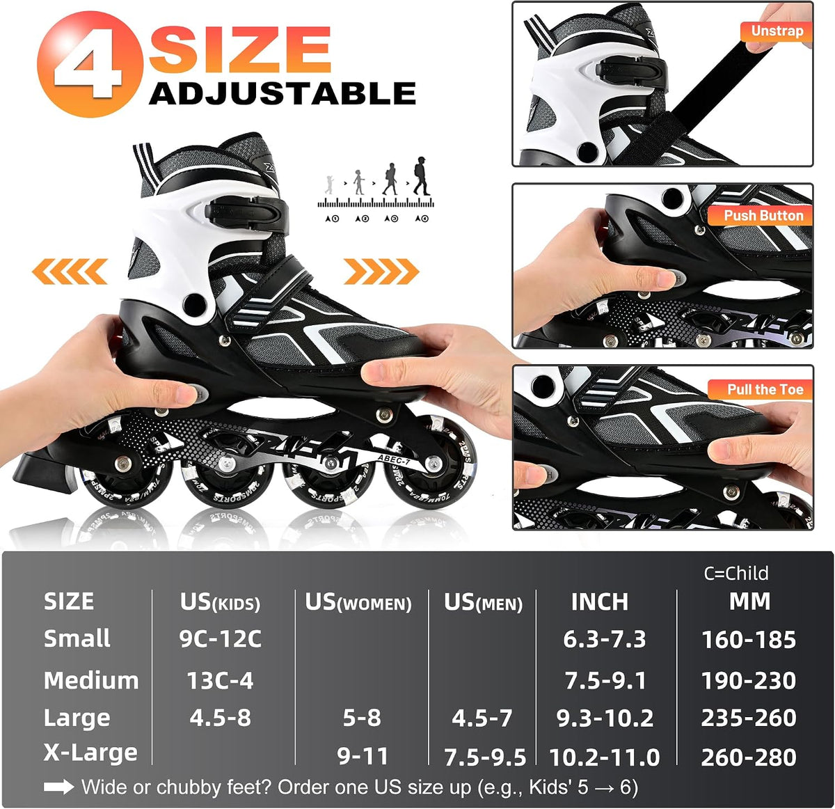 2PM SPORTS Adjustable Inline Skates for Kids, Youth and Adults – Fun for Kids & Family - D Black / Medium - Big Kid (13C-4 US) - image 3