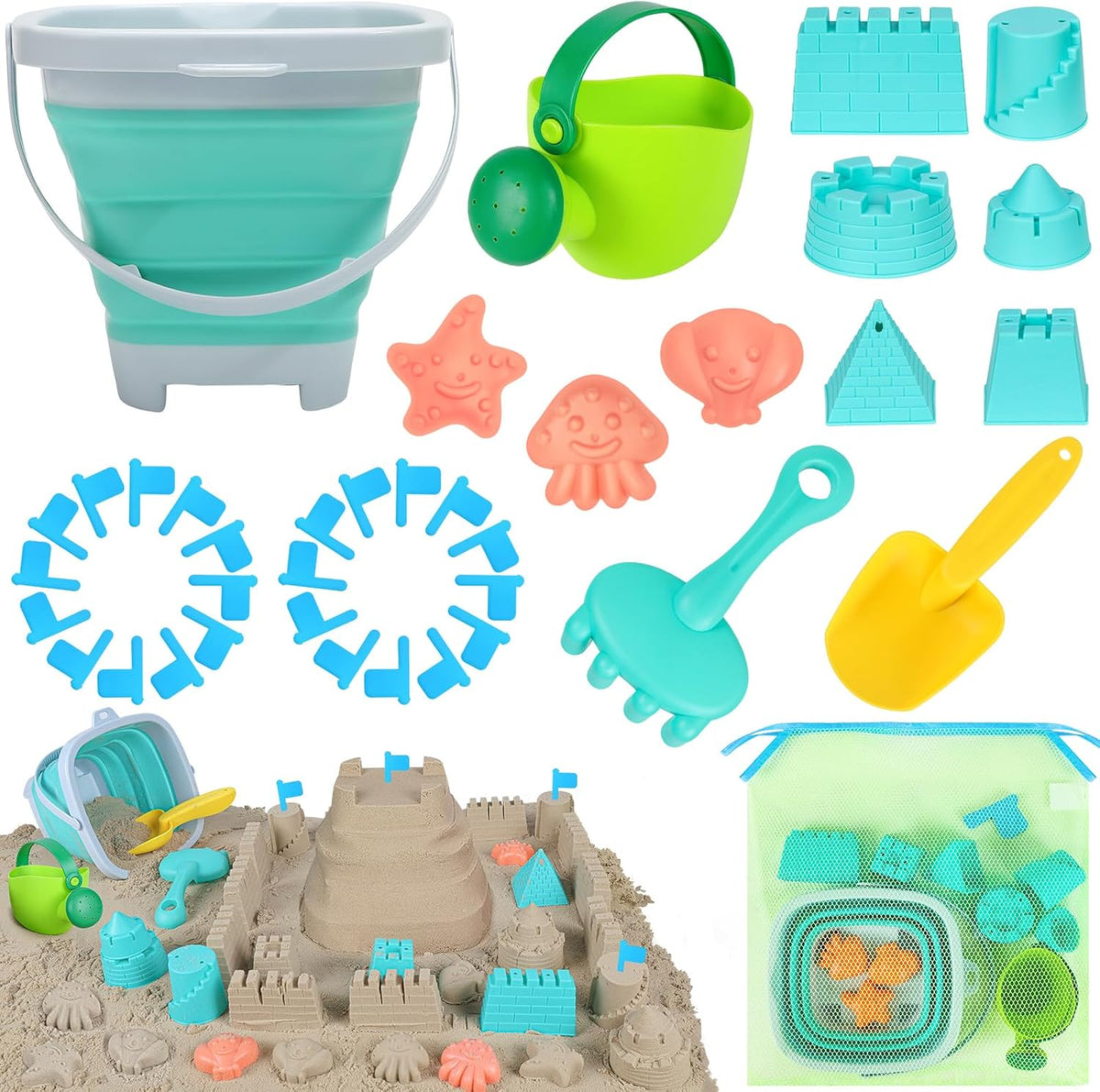 RACPNEL Beach Toys with Collapsible Bucket，Mesh Bag for Kids Ages 3-12 – Fun for Kids & Family
