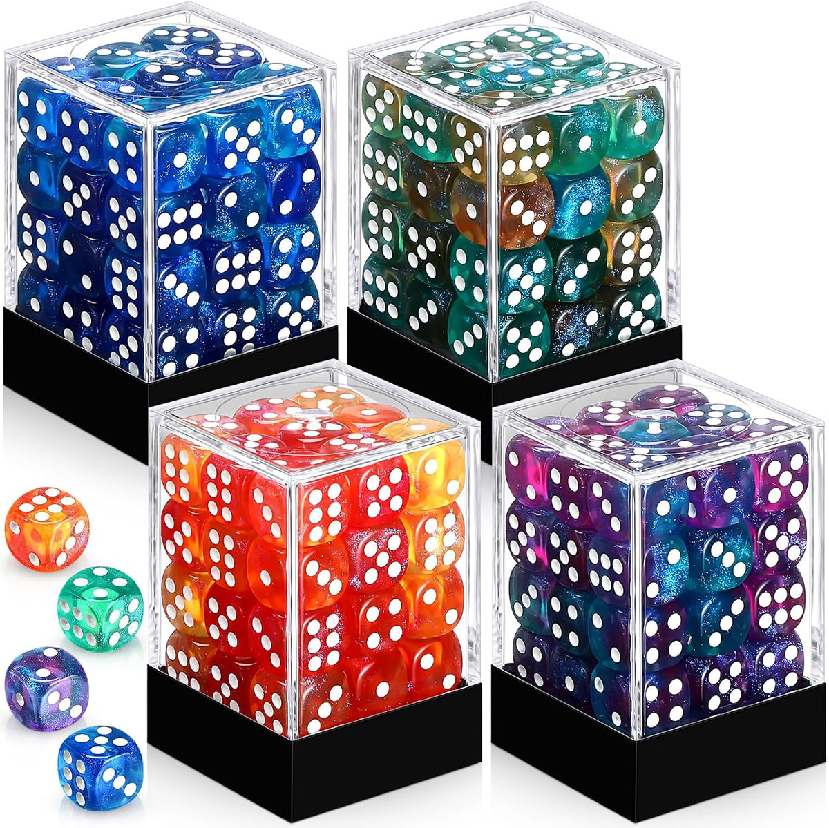 Foilswirl 144-piece 12mm mini dice set in brown, dark red, blue and gray with storage boxes - view 2