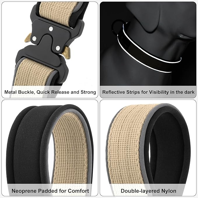 Plutus Pet Tactical Dog Collar, Reflective, Adjustable Heavy Duty Dog Collar, Soft Padded and Comfortable, for Small Medium and Large Dogs (Beige, S)