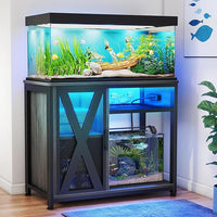 DWVO 40-50 Gallon Aquarium Stand with Power Outlets & LED Light, Cabinet for Fish Tank Accessories Storage - Metal Fish Tank Stand Suitable for Turtle, Reptile Terrarium, 660LBS Capacity, Grey