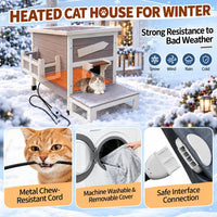Large Outdoor Cat House with Soft Mat, Wooden Feral Cat Shelter – Essentials for Cats - Grey-with Heated Pad - image 4