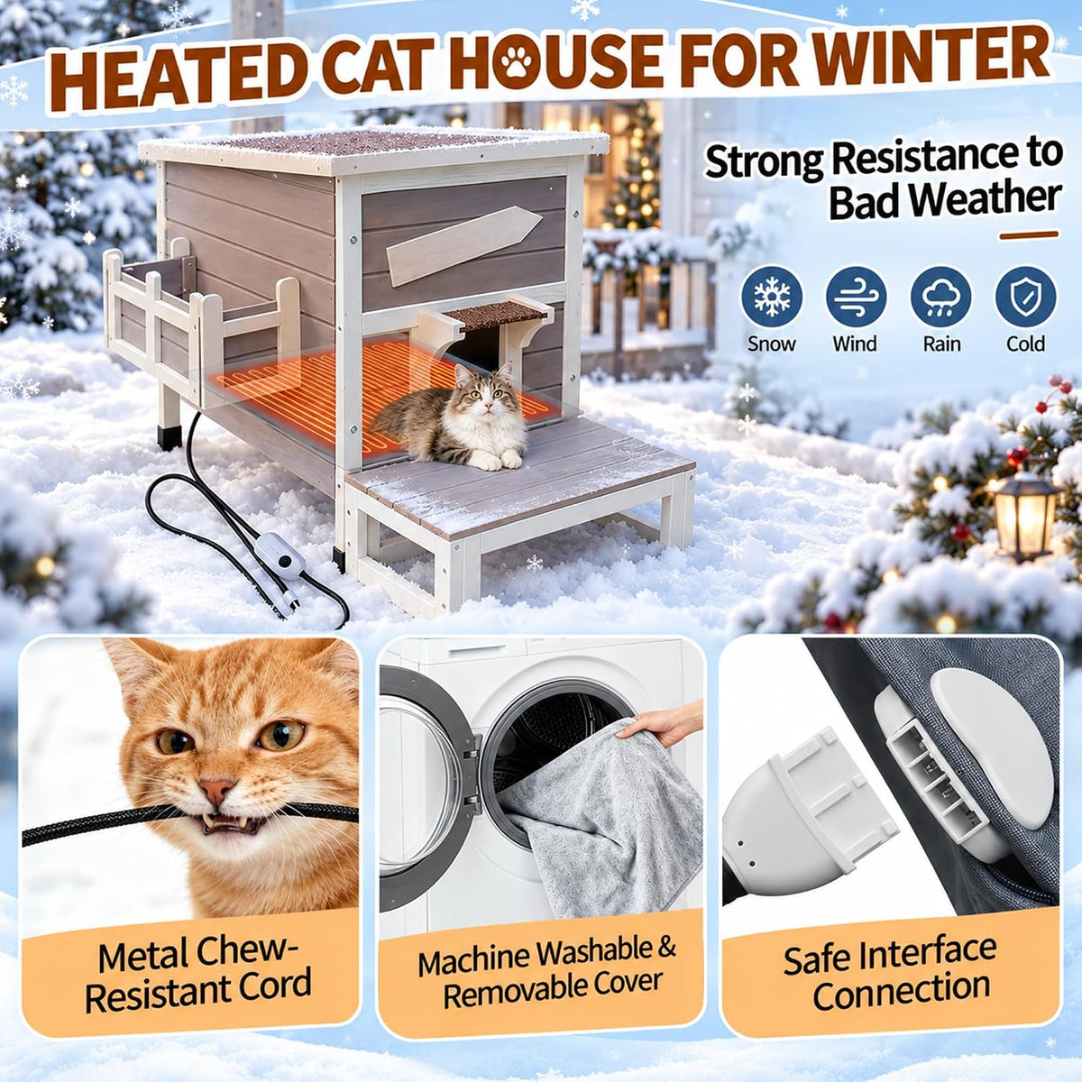 Large Outdoor Cat House with Soft Mat, Wooden Feral Cat Shelter – Essentials for Cats - Grey-with Heated Pad - image 4