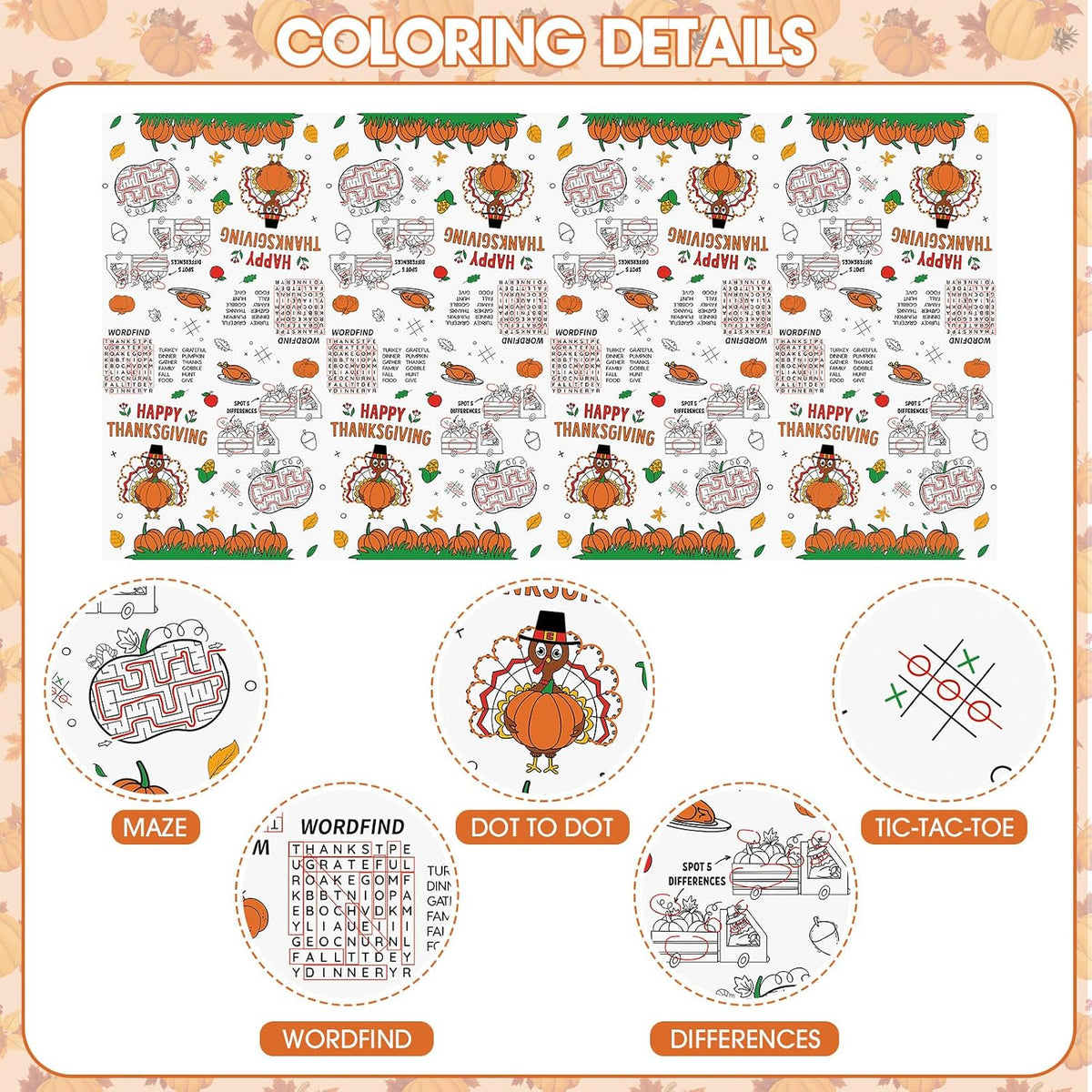 Litmitfu Thanksgiving coloring paper tablecloth with turkeys, pumpkins and games - view 5