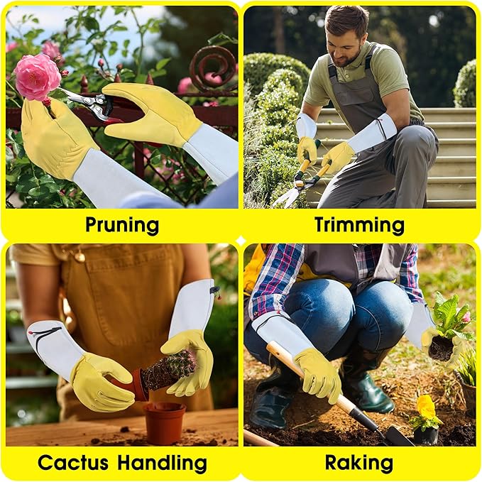 HANDLANDY Rose Gloves for Men & Women, Long Leather Gardening Gloves Thorn Proof, Best Garden Gifts & Tools for Gardener (Yellow-beige, Large (Pack of 1))