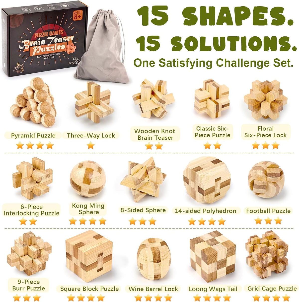 VolksRose 12pcs Wooden Brain Teaser Puzzles - A-15pcs-4.7cm - image 2