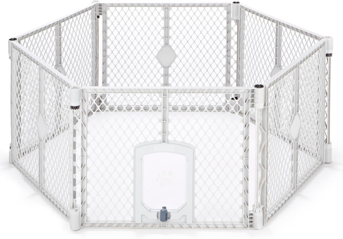 MyPet North States Petyard Plus: 3 Ft. Wide Folding Dog Playpen - 6-Panel / Small Pet Door / Light Gray