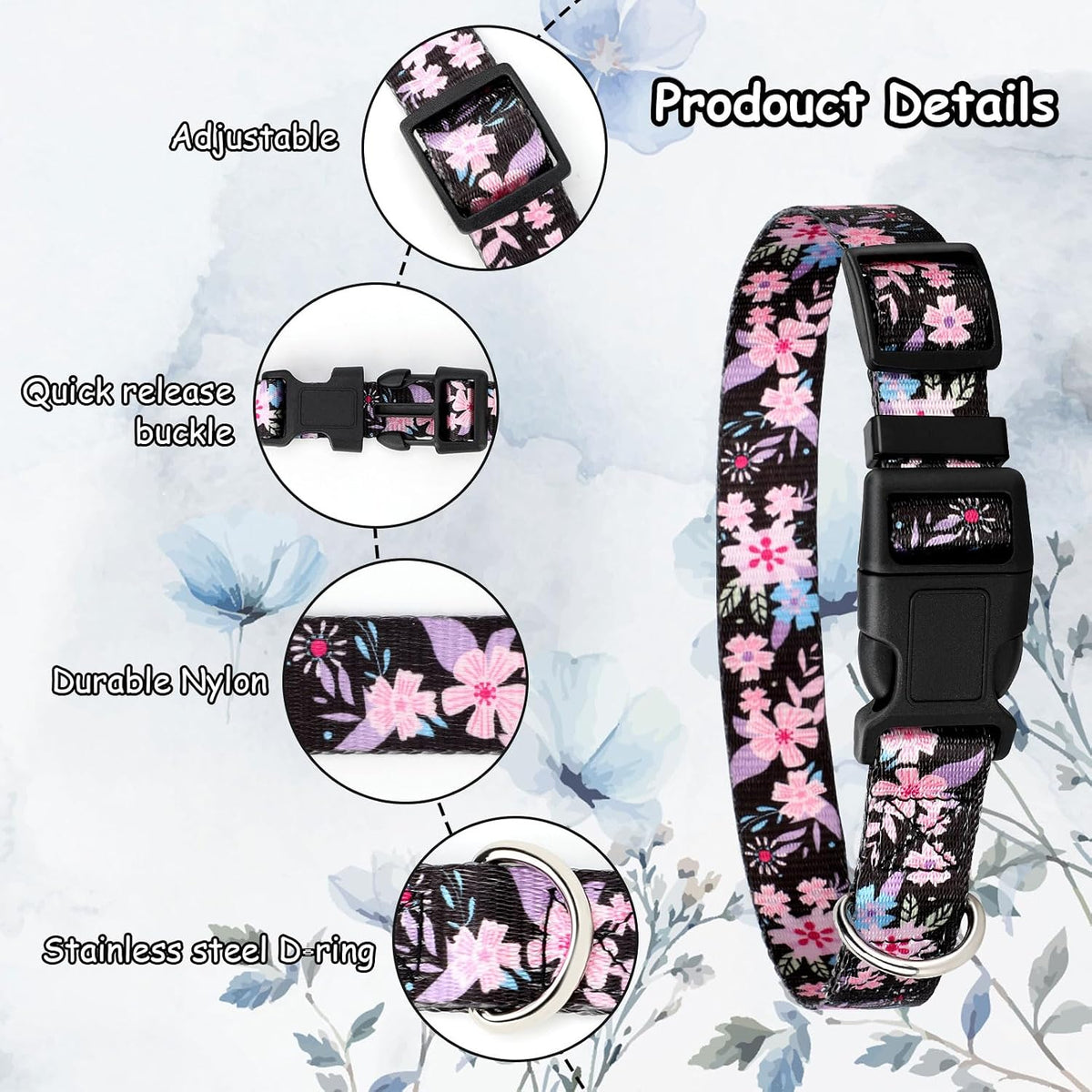 5 Pack Reflective Goat Collars with Bells, Anti-Lost Pet Collar - Floral+Groovy Pattern - image 4