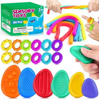 LESONG fidget toys for kids, 26 pack of textured stones, stretchy strings and sensory rings