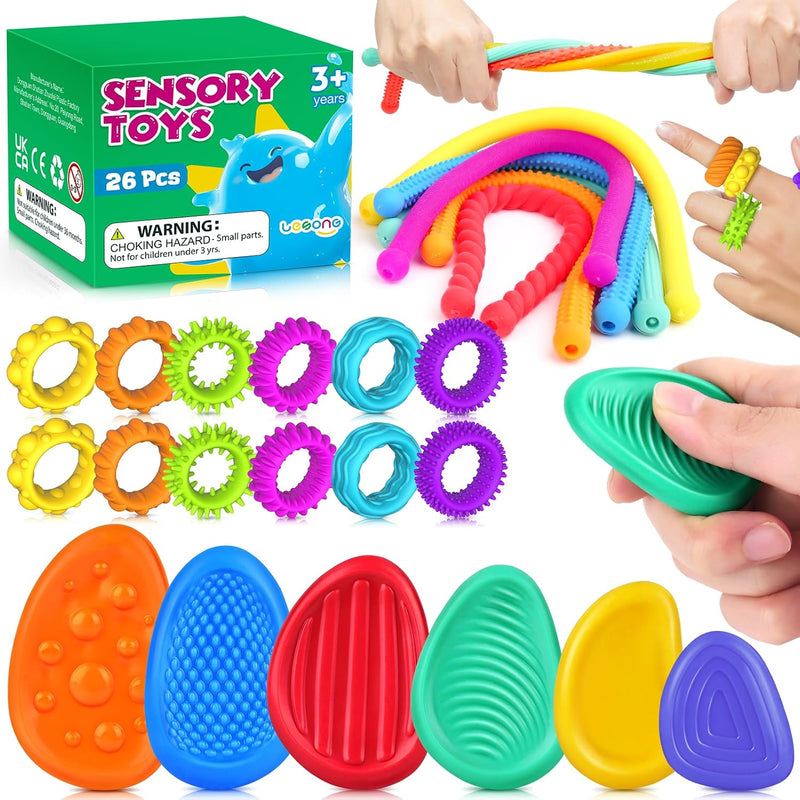 LESONG fidget toys for kids, 26 pack of textured stones, stretchy strings and sensory rings