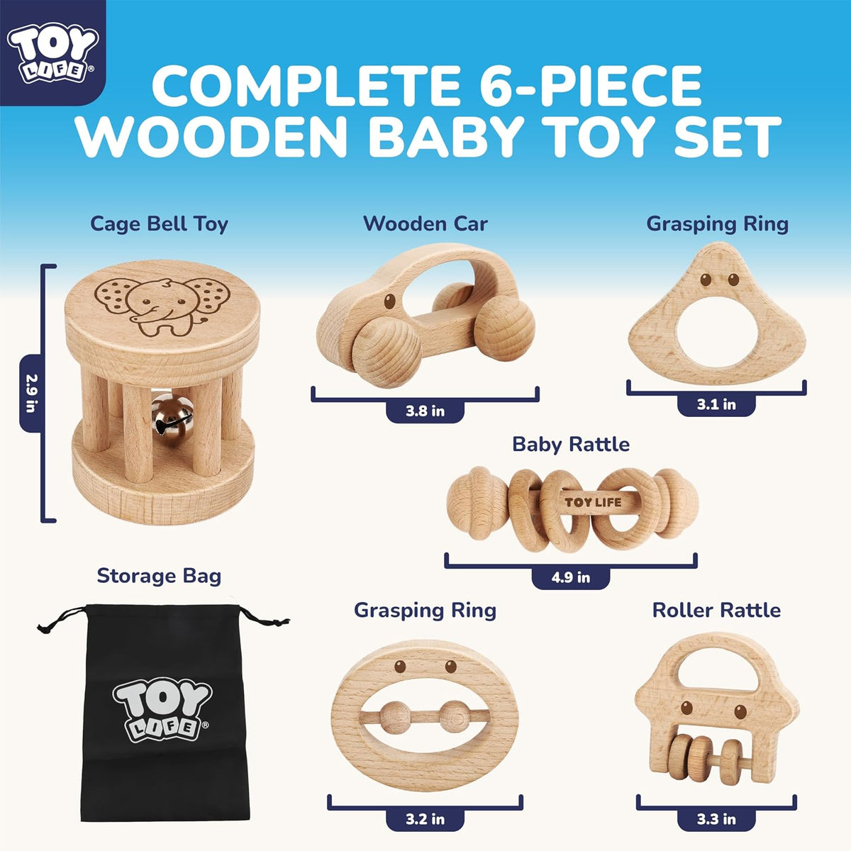 TOY Life Wooden Toys Cars, Montessori Baby Toys 6-12 Months - 6 PCS Rattle Set - image 2