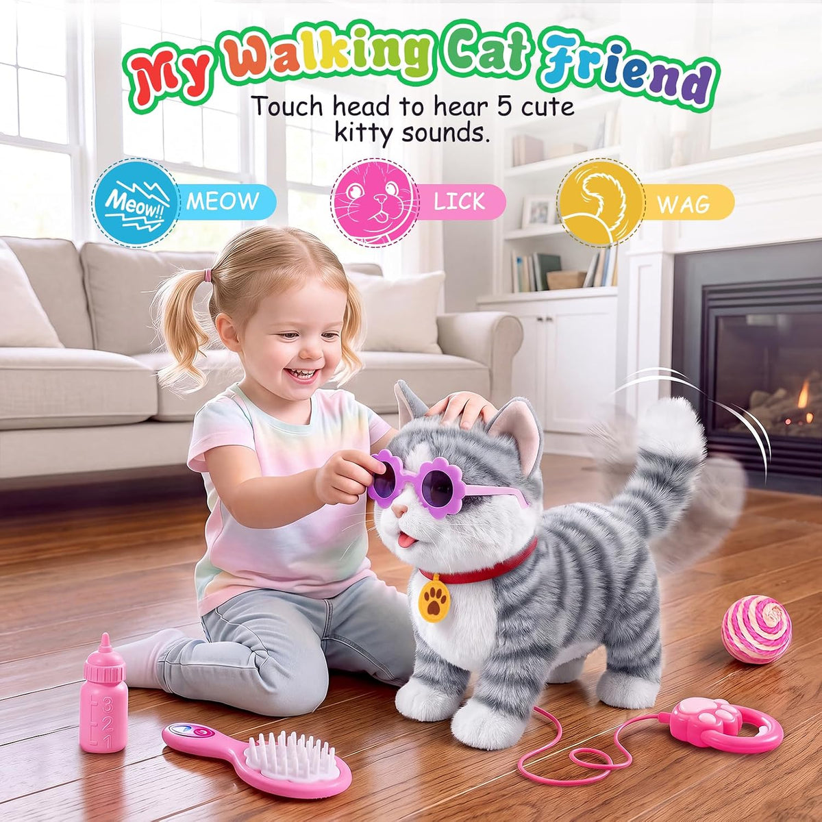 Ylpaprm interactive walking cat toy with leash and accessories, plush ragdoll kitten - view 7