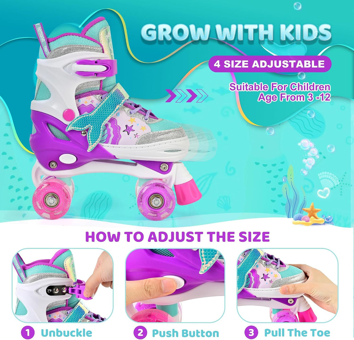NEMONE Mermaid Adjustable Light up Roller Skates for Girls Boys – Fun for Kids & Family - C- Pearl Mermaid / Large - Youth - image 3