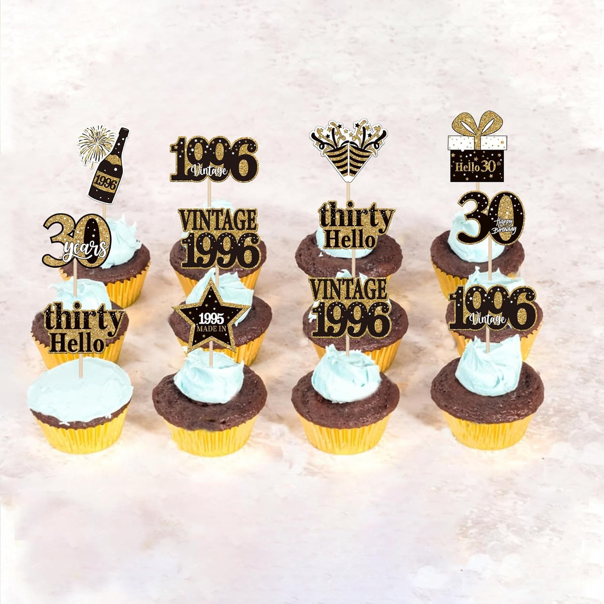 36PCS Happy 80th Birthday Cupcake Toppers Double Sided Black Gold - Vintage / 30th - image 4