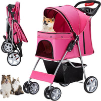Unisakey Foldable 4-Wheel Pet Stroller for Dogs Cats 10-33lbs - Pink
