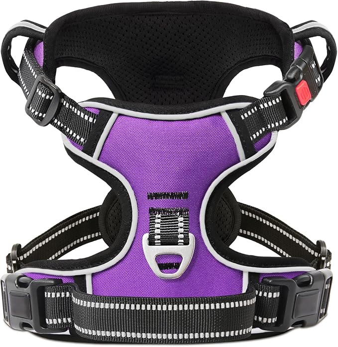 Timos Dog Harness Large Sized, No Pull with Neck Lockable Snap,No Choke Front Clip Dog Reflective Harness,Adjustable Metal Rings 3 Buckles,Easy Control Handle for Large Dogs Purple L
