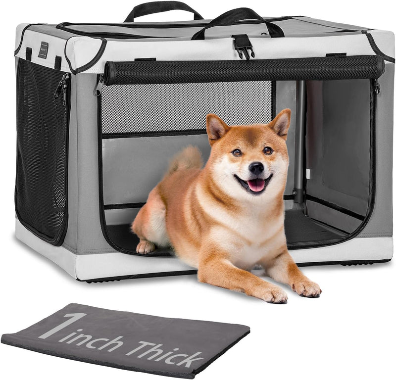 PETSFIT Portable Dog Crate for Medium Large Dogs - 30.0"L x 20.0"W x 19.0"H / Light Gray(With Mat)