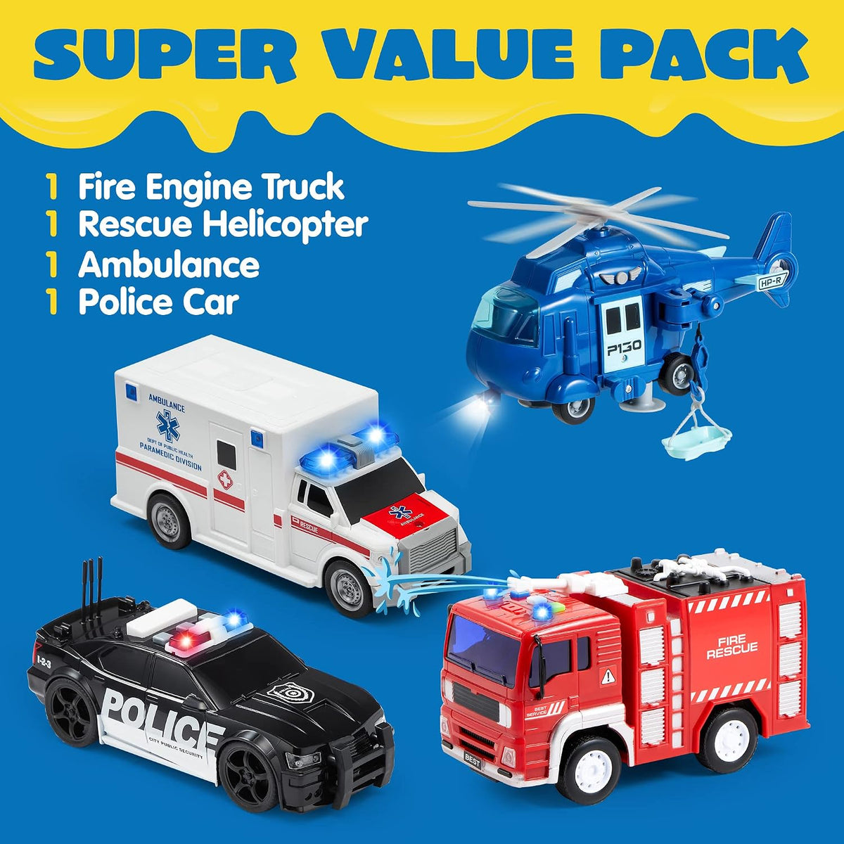 JOYIN 4 Packs Emergency Vehicle Toy Playsets - Emergency Vehicle Toy Set - image 3