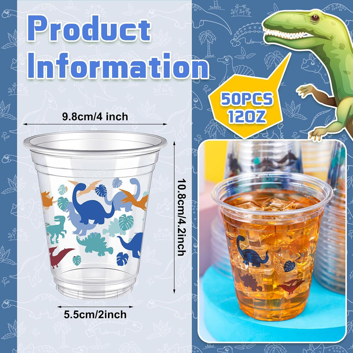 50 Pcs 12 oz Dinosaur Cups Dinosaur Birthday Decorations – Fun for Kids & Family - Multicolor / Dinosaur - image 3