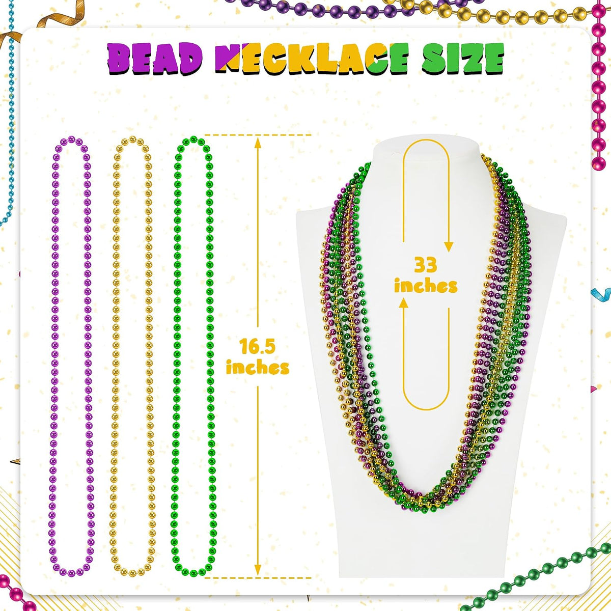 Huskein Bead Necklace, 33" Colorful Mardi Gras Beads Necklaces - Purple Gold Green / 12 - image 2