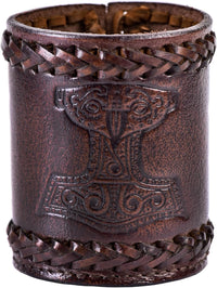 Ulfberth, Viking dice Cup with Embossed Motif, Genuine Leather - Thor's Hammer, Brown