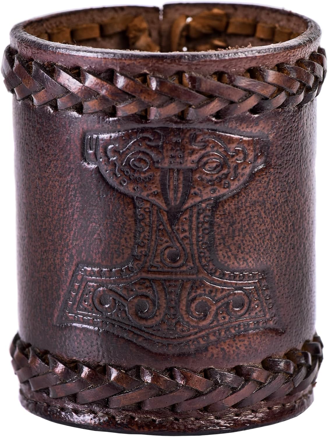 Ulfberth, Viking dice Cup with Embossed Motif, Genuine Leather - Thor's Hammer, Brown