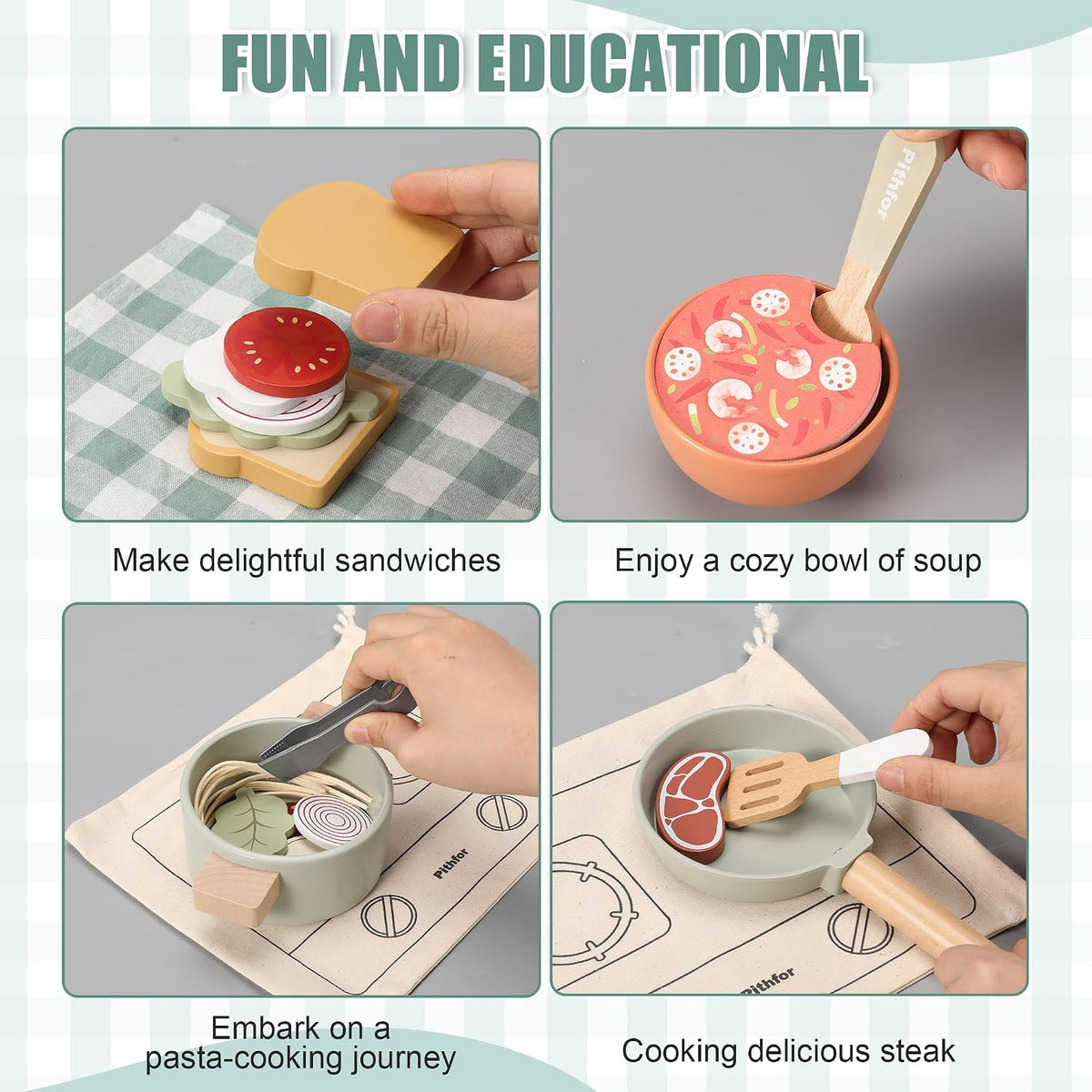 Pithfor wooden play cooking set with pot, pan, dishes, utensils and play food - view 8
