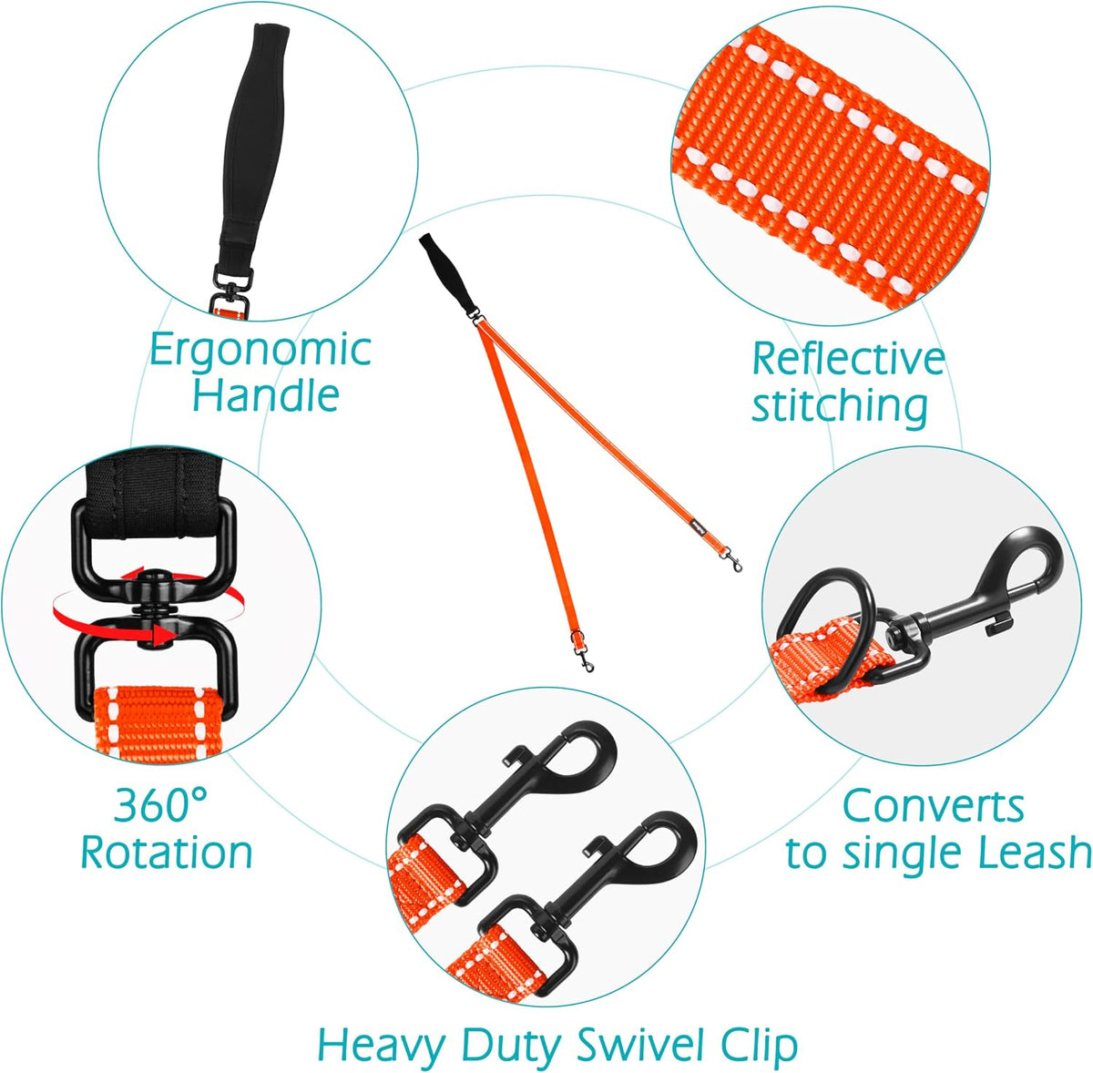 Two Point Control Dog Leash, No Tangle Training Walking Leashes – Essentials for Dogs - Orange - image 3