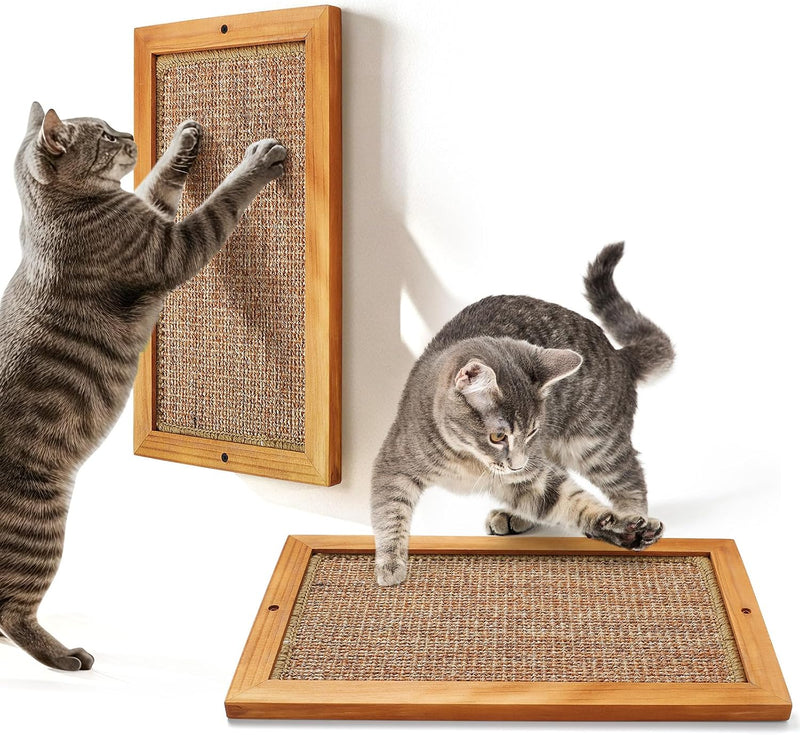 Cat Scratching Post, Wooden Sisal Cats Wall Scratcher - 2 PCS Large Brown