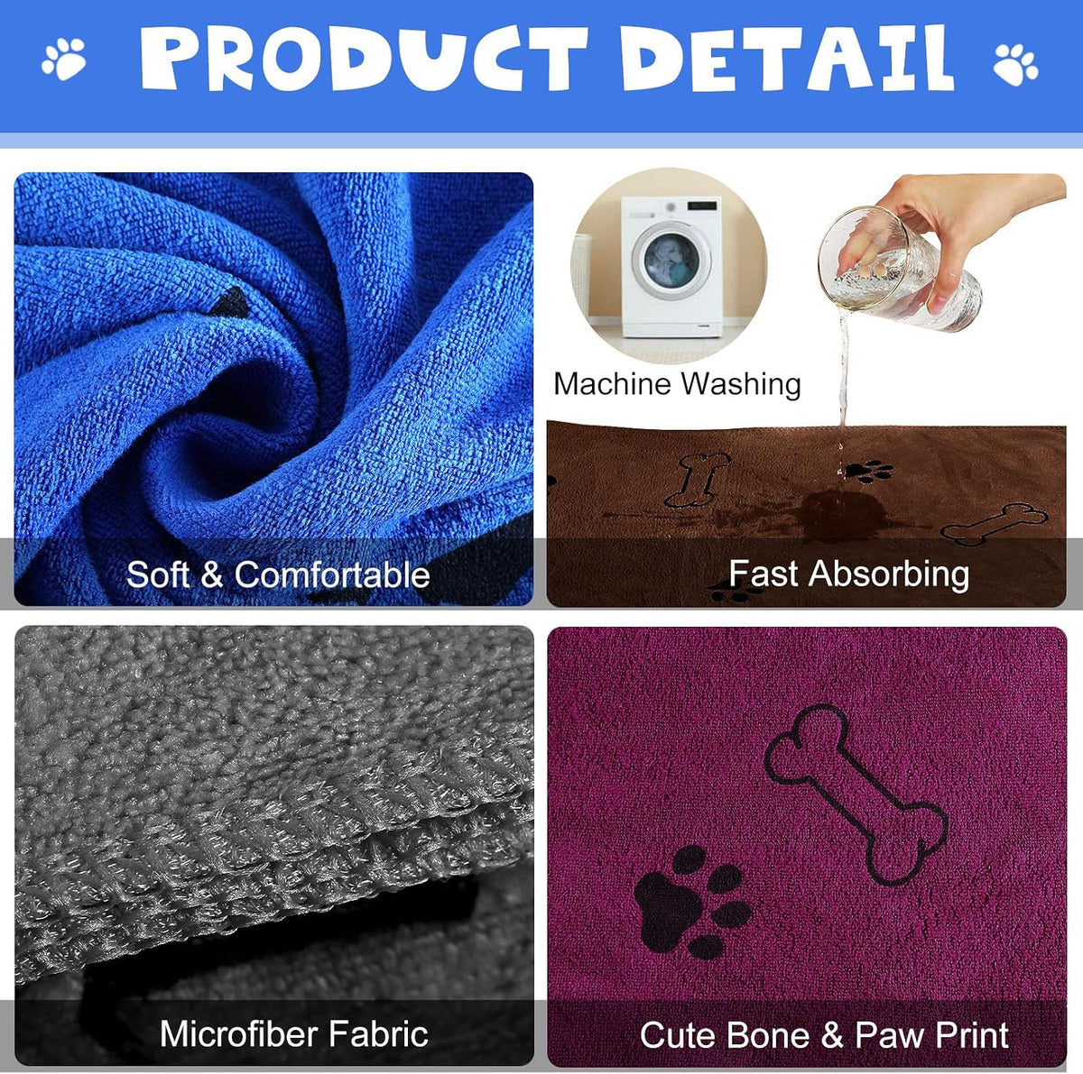 Chumia 4 Pcs Dog Towels for Drying Dog Puppy Bulk Microfiber - 24 x 40 Inch / Grey, Sapphire Blue, Coffee, Burgundy - image 4