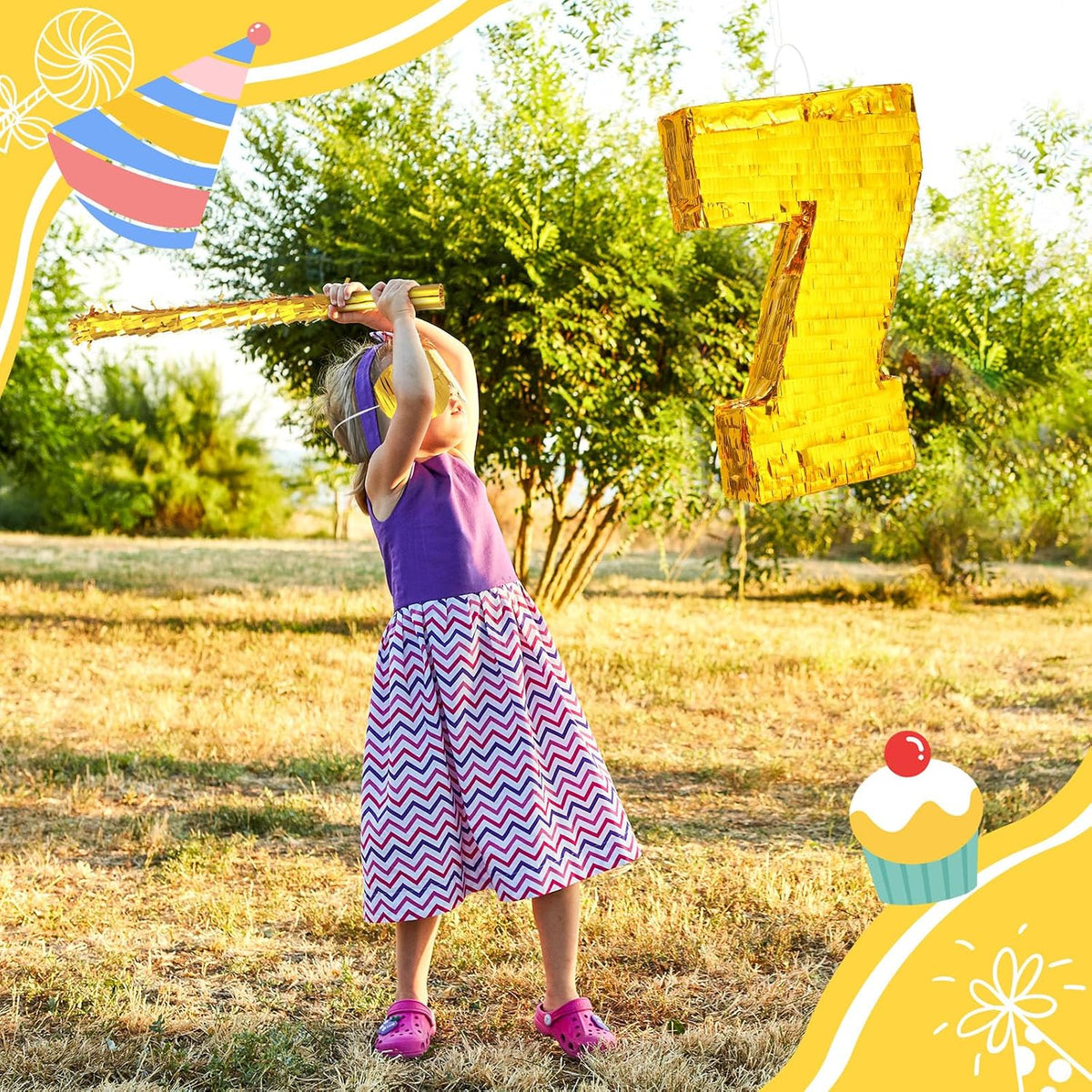 Sratte gold foil number piñata set with gold blindfold, piñata stick and bag of confetti - view 20