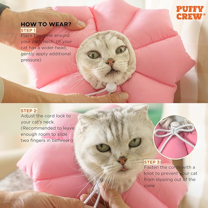Puffy Crew Soft Cat Cone Collar, Adjustable Waterproof Recovery Collar, Lightweight Elizabethan e Collar for Cats of All Breeds (Pink, Large, Neck Circumference 7.8'' - 12.5'')