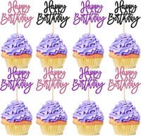 24 PCS Happy Birthday Cupcake Toppers Glitter Picks for Celebrating - Black Purple Pink