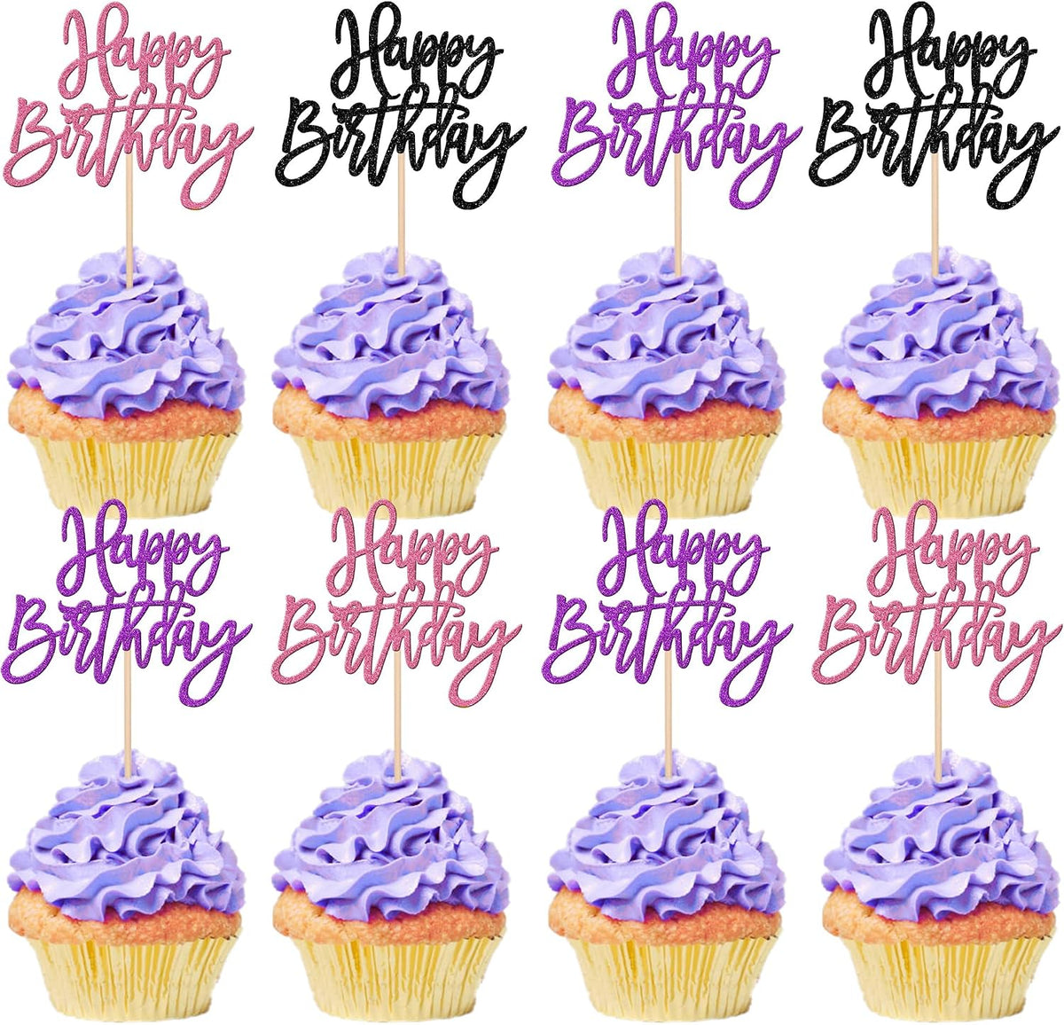 24 PCS Happy Birthday Cupcake Toppers Glitter Picks for Celebrating - Black Purple Pink
