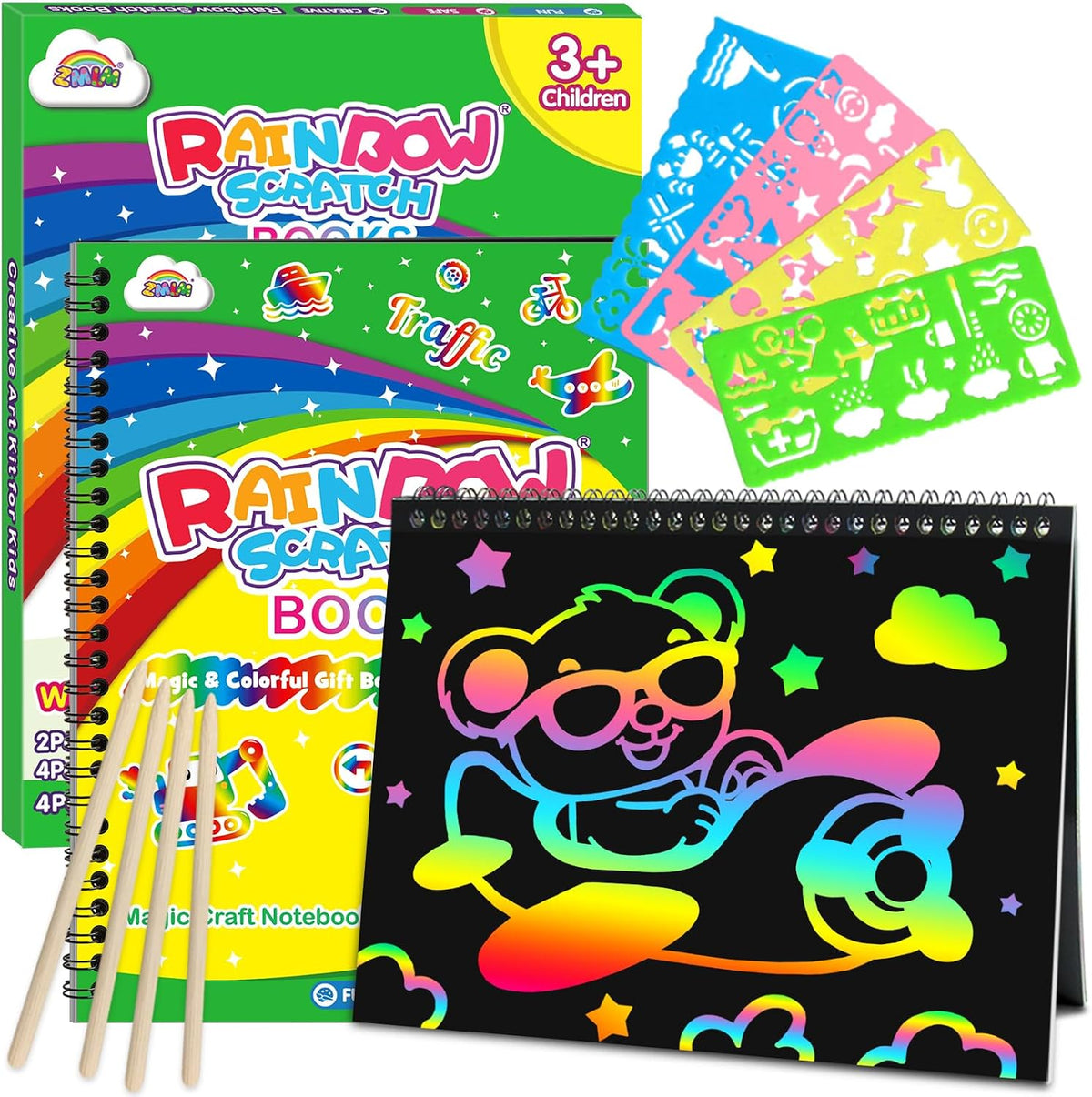 ZMLM Scratch Paper Art-Crafts Gift: 2 Pack Rainbow Notebooks Supplies - Green