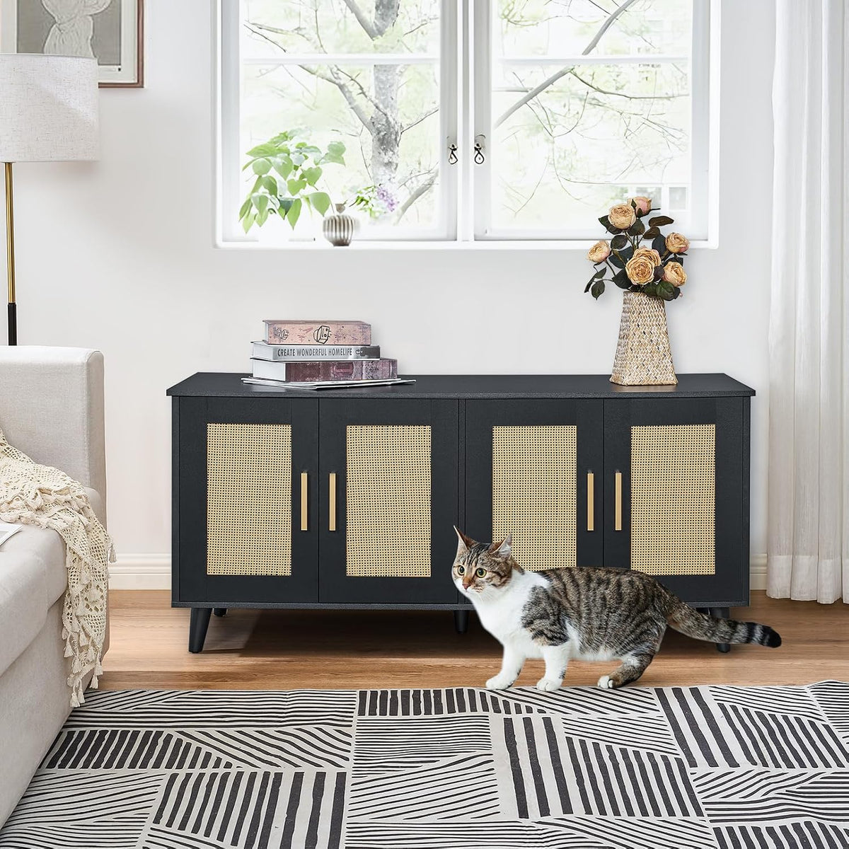 Boho Cat Litter Box Enclosure for 2 Cats, Green and Natural – Essentials for Cats - Black and Natural - image 2
