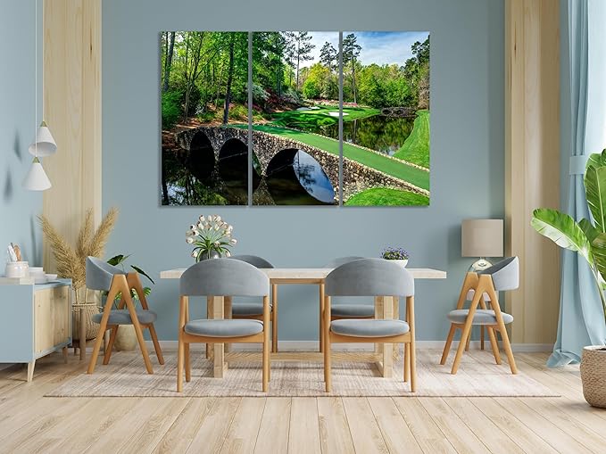 Nature Wall Art Prints - Ocean Forest Mountain Lake Canvas Landscapes - Small to Extra Large Living Room Bedroom Kitchen Bathroom Décor (Golf Course with Stone Bridge, 35L" x 53W" - 3 Panels)