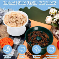 Tioncy 2 Pcs Ceramic Elevated Slow Feeder Cat Bowl - Dark Green, White / 2 - image 4