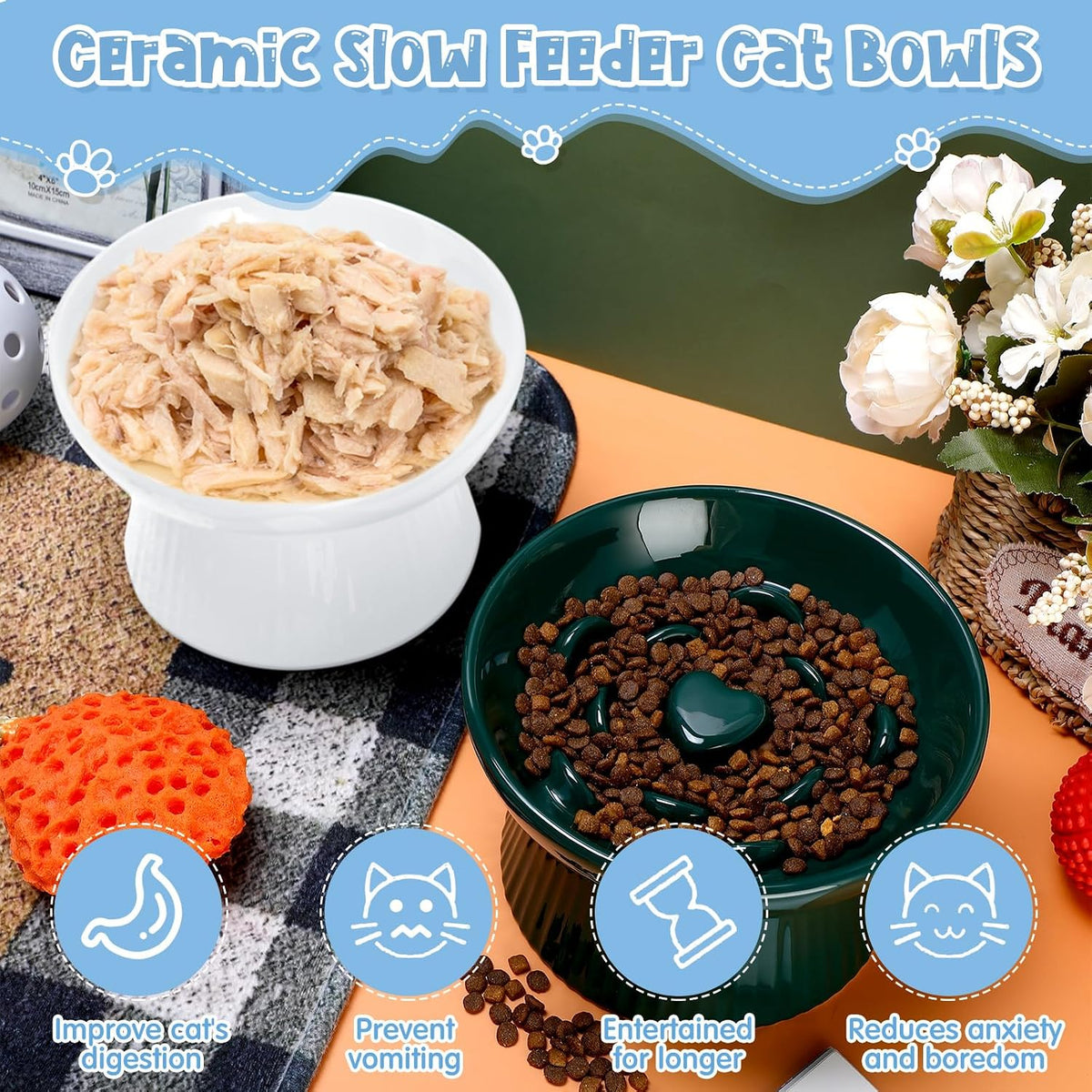 Tioncy 2 Pcs Ceramic Elevated Slow Feeder Cat Bowl - Dark Green, White / 2 - image 4