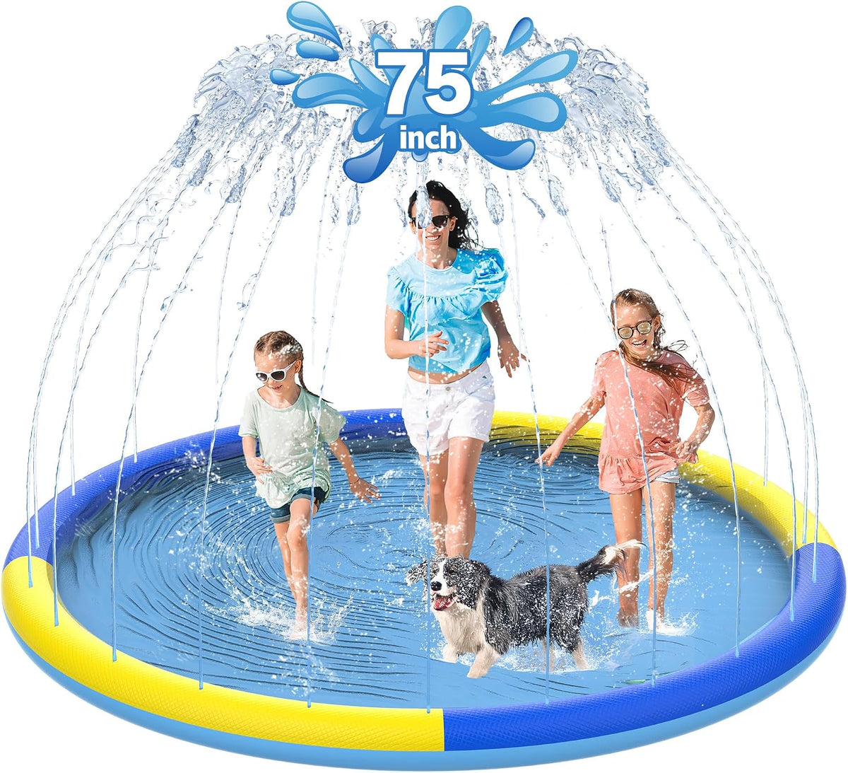 CACSPS non-slip splash pad for kids and dogs spraying water from a garden hose
