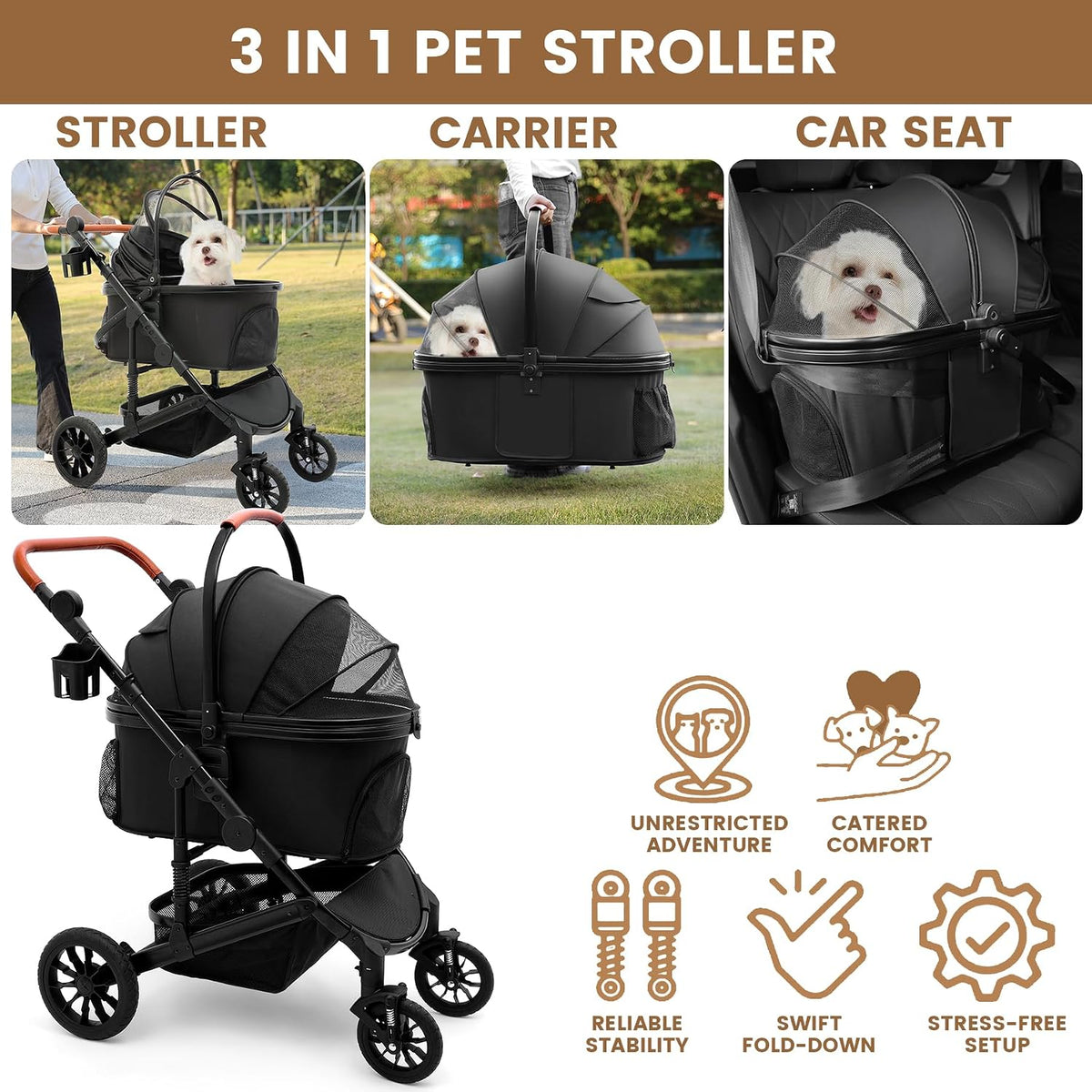 Bicystar Dog Stroller with Detachable Carrier, Rubber Wheels - Black - image 2