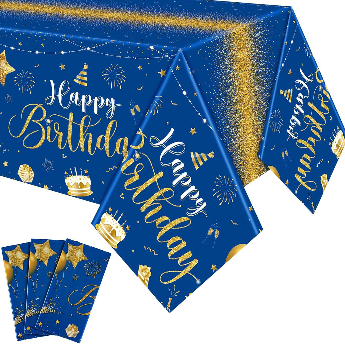 Tudomro 3 Pcs Plastic Happy Birthday Party Tablecloths - Blue Gold / 3