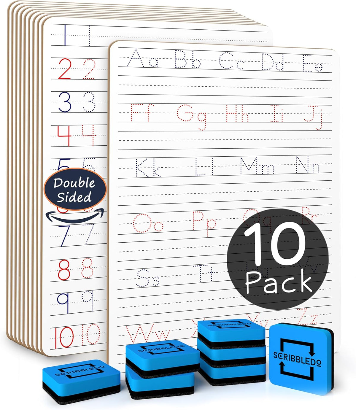 Scribbledo Alphabet Tracing Whiteboard, Dry Erase Lapboard 9x12 – Fun for Kids & Family - Set of 10 Boards & Erasers
